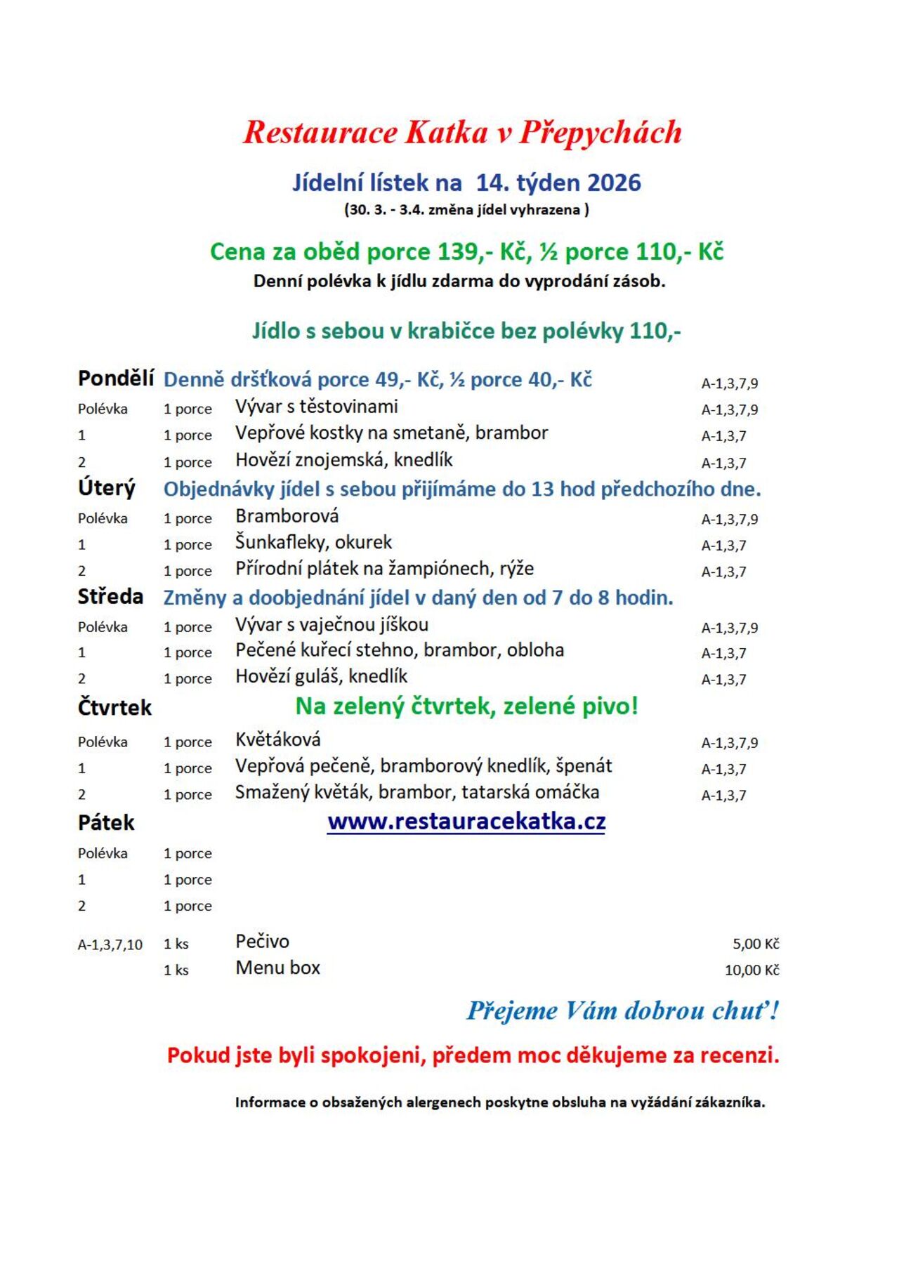 Jídelní lístek na 14. týden 2026