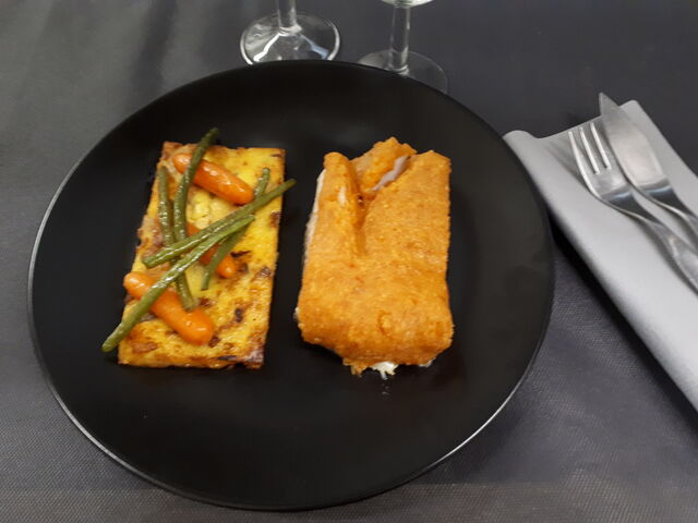 Pavé de Cabillaud en croûte de Chorizo, Polenta aux pleurotes 