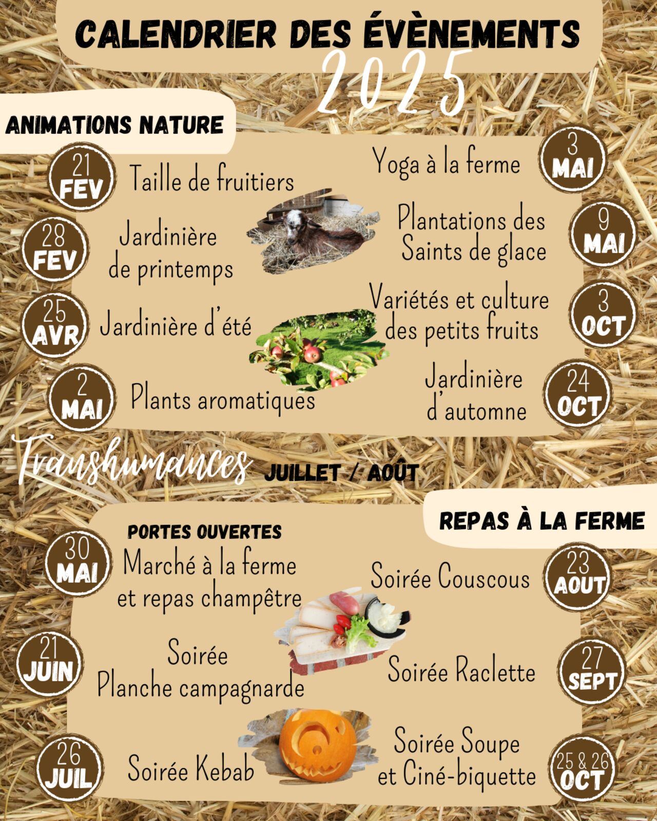 Calendrier des évènements 2025 à la chèvrerie