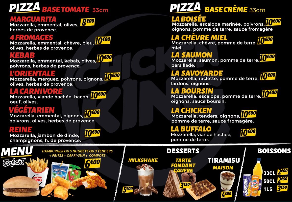 Nos pizzas, nos desserts et nos menu enfants