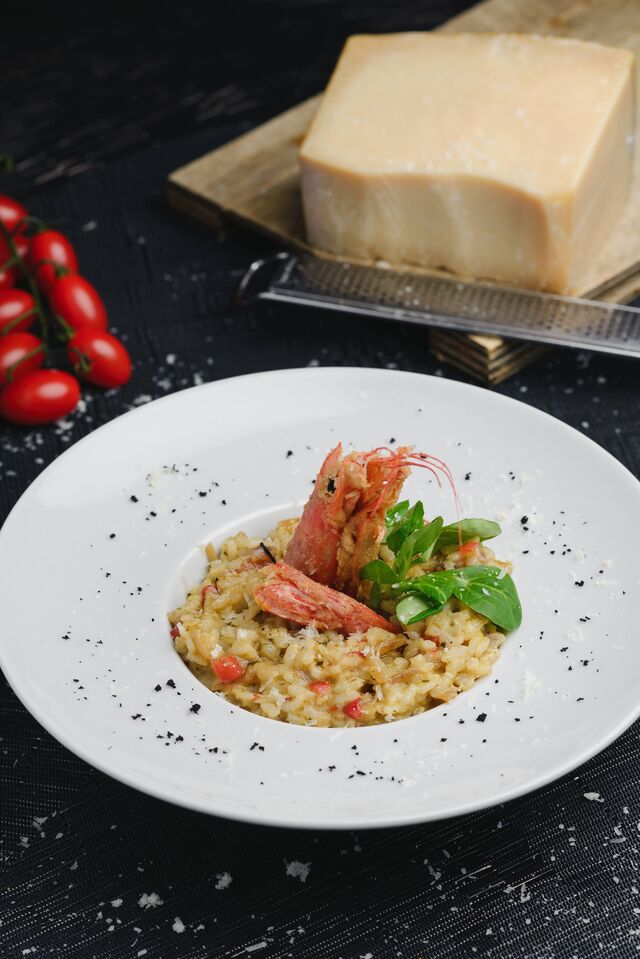 Rissoto de langostinos con mantequilla de albahaca