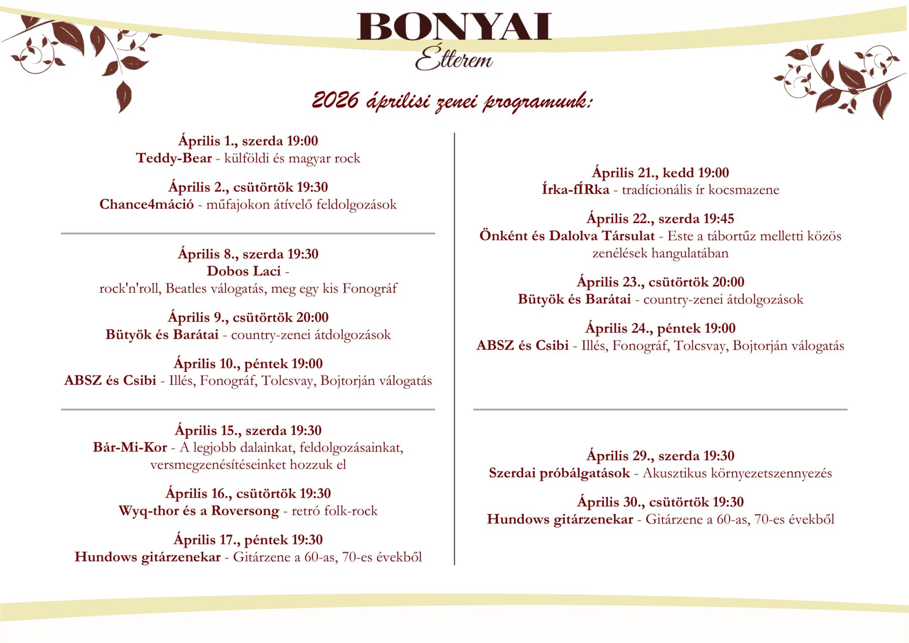 Áprilisi zenei programunk: