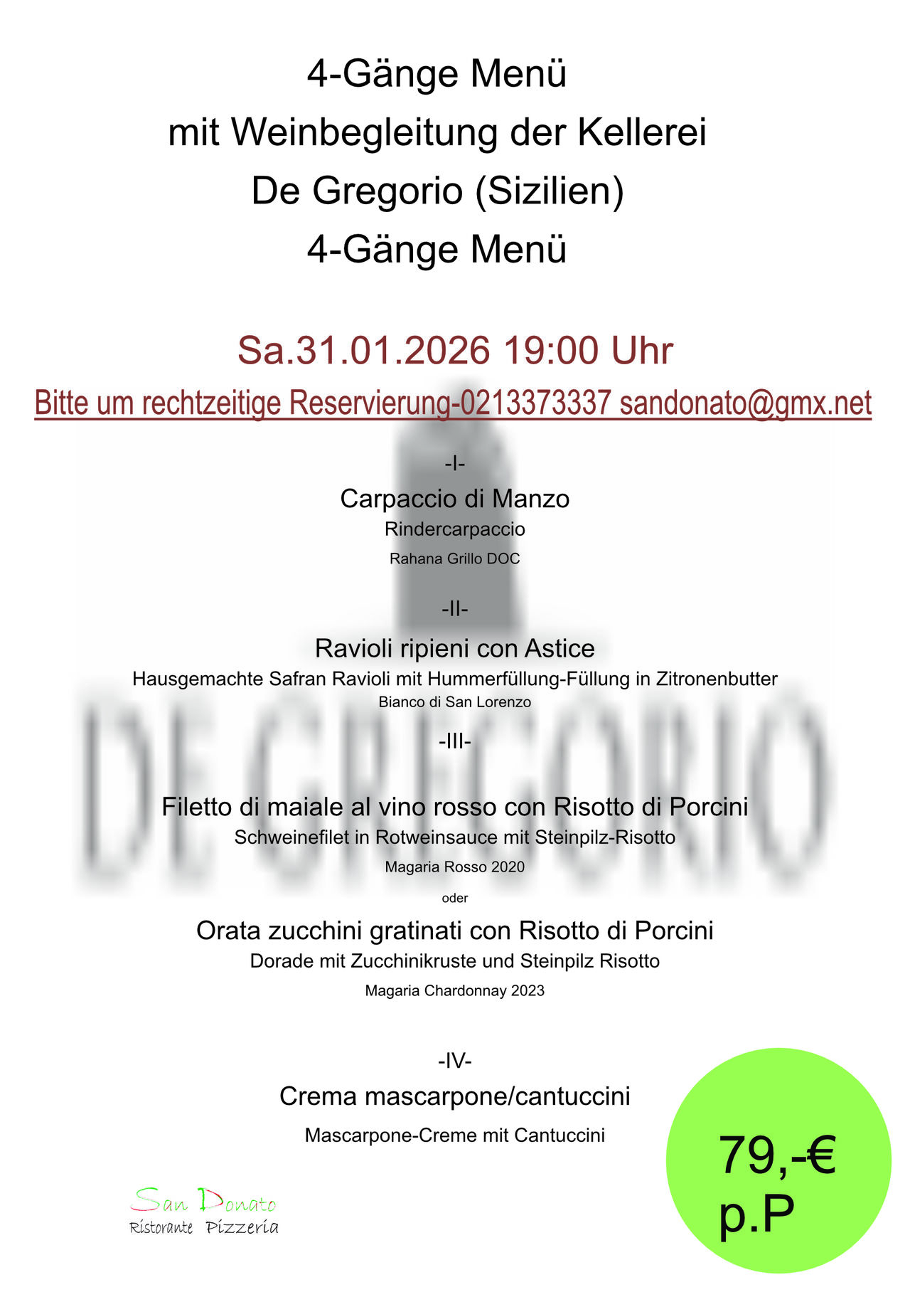 4-Gänge Menü mit Weinbegleitung der Kellerei De Gregorio (Sizilien)31.01.2026 19:00