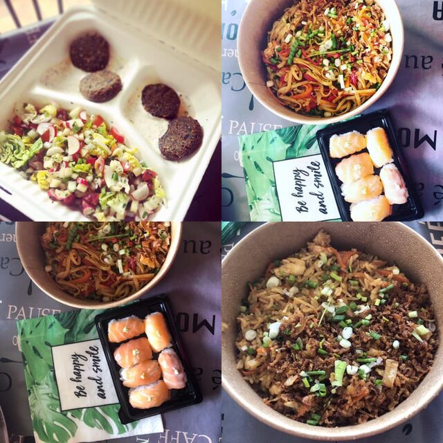 Plat falafels, Plat Pâtes Thaï au poulet légumes sautés, Plat japonais Sushis saumon