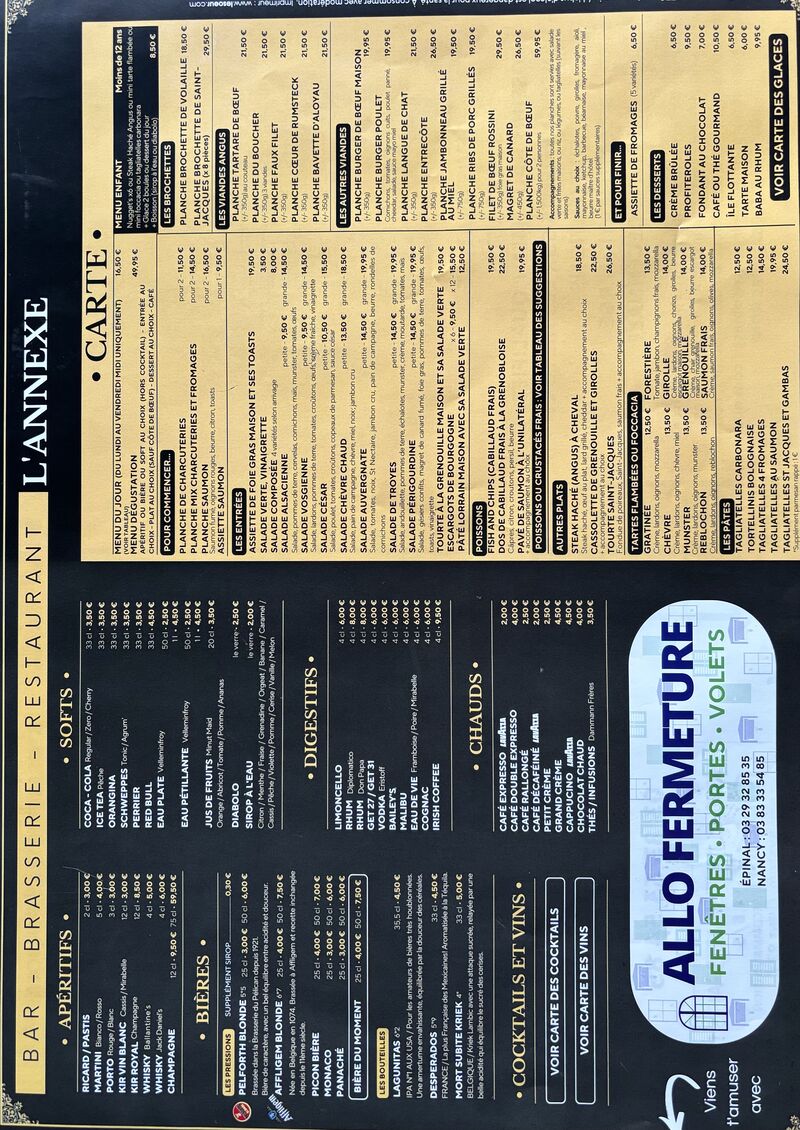 carte du restaurant 2024/2025