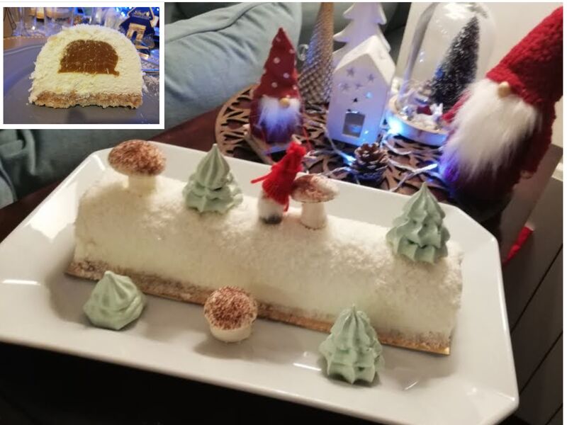 Bûche coco - passion (mousse à la noix de coco, insert gélifié aux fruits de la passion et croustillant feuilleté praliné coco)