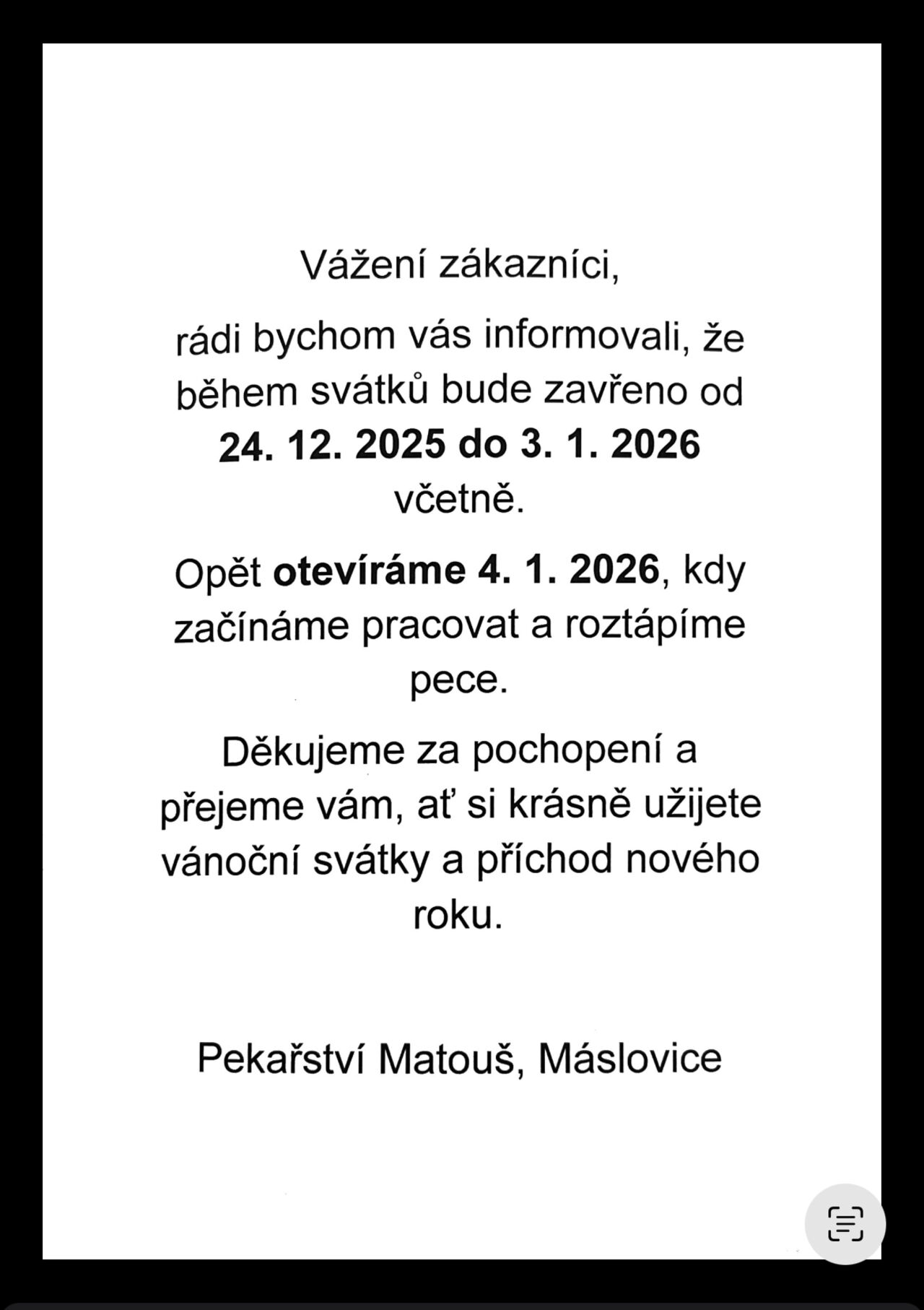 Zavírací doba během Vánočních svátků