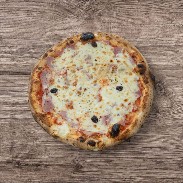 Jambon ▪ 12,50€ : sauce tomate bio, fior di latte, jambon, olives, origan