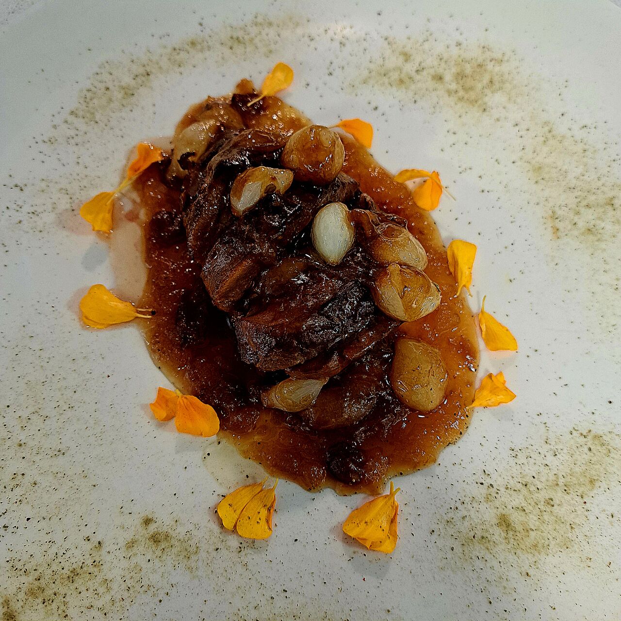 Magret de pato, chutney de manzana, cebollita glaseada y jugo de carne.