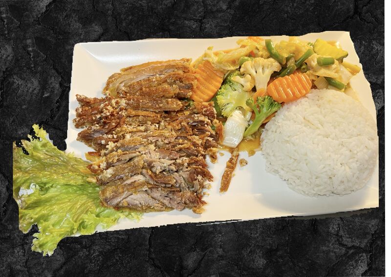 Gekochtem Reis mit Ente