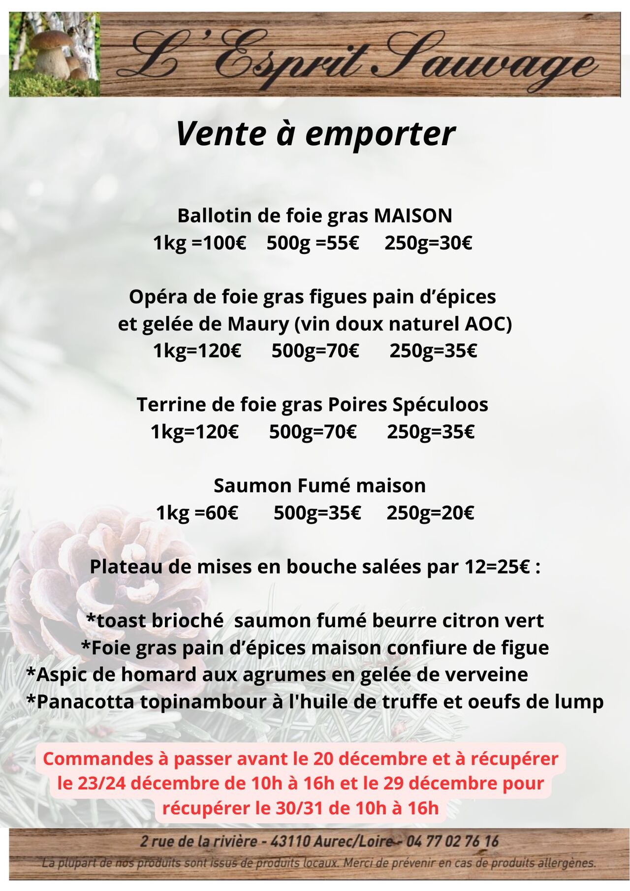 VENTE A EMPORTER POUR LES FÊTES