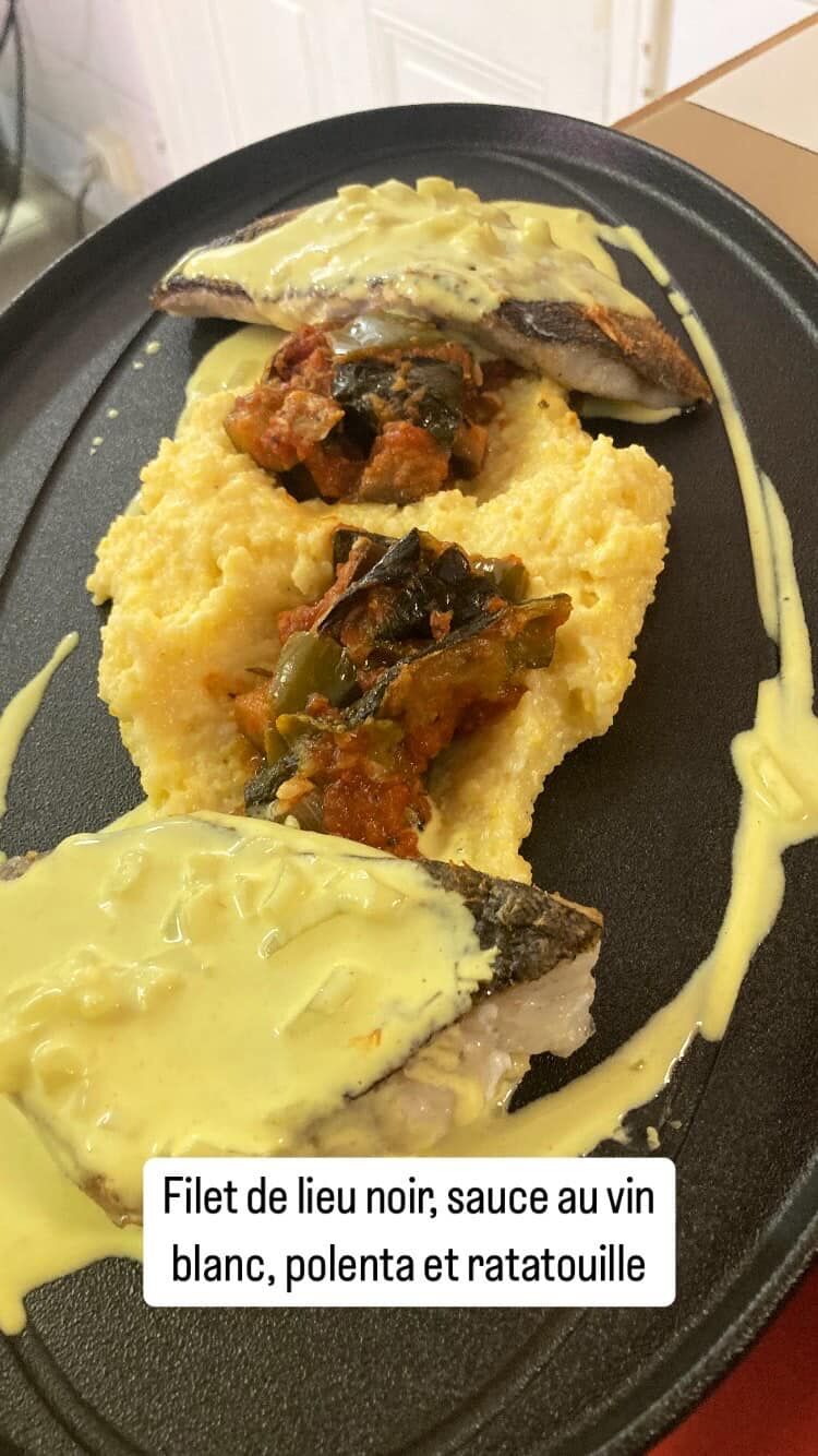 Filet de lieu noir, sauce vin blanc, polenta crémeuse, ratatouille