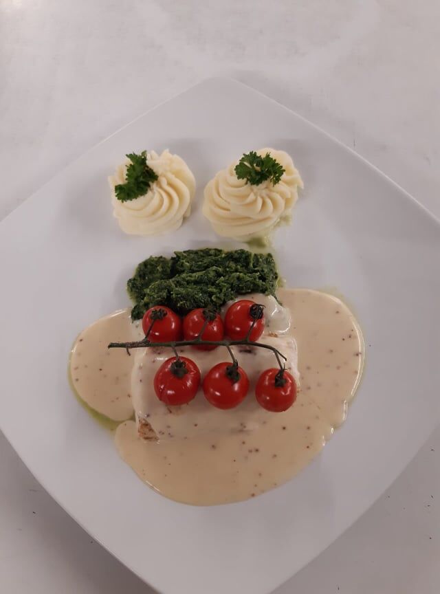 Kabeljauw met graanmosterdsaus en puree