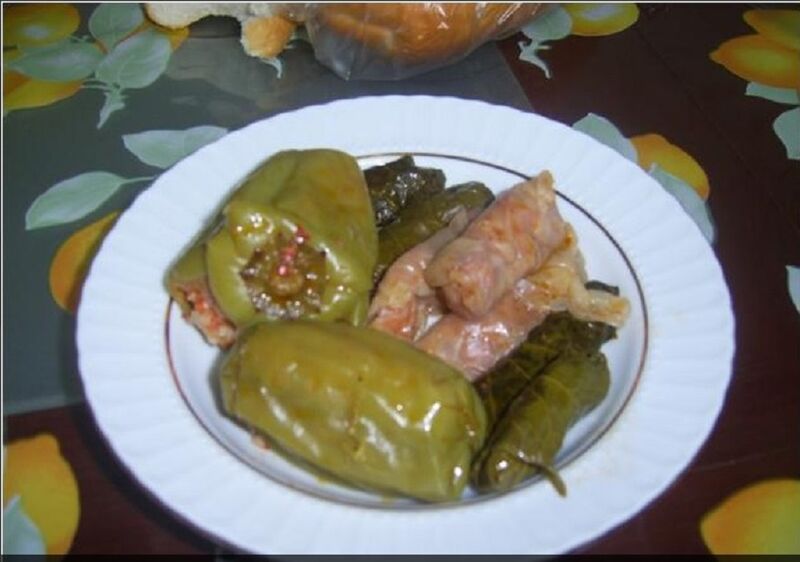Dolma Sarma - Filled Green Pepper and Stuffed Vine Leaves with olive oil
