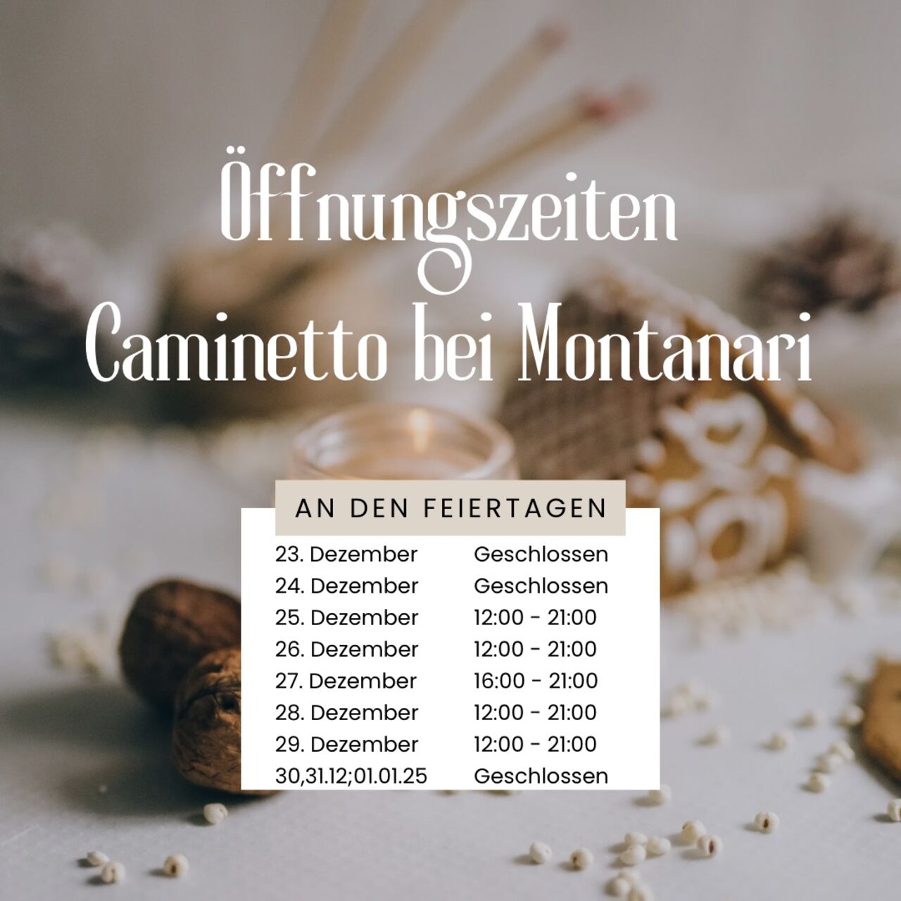 Öffnungszeiten an den Feiertagen