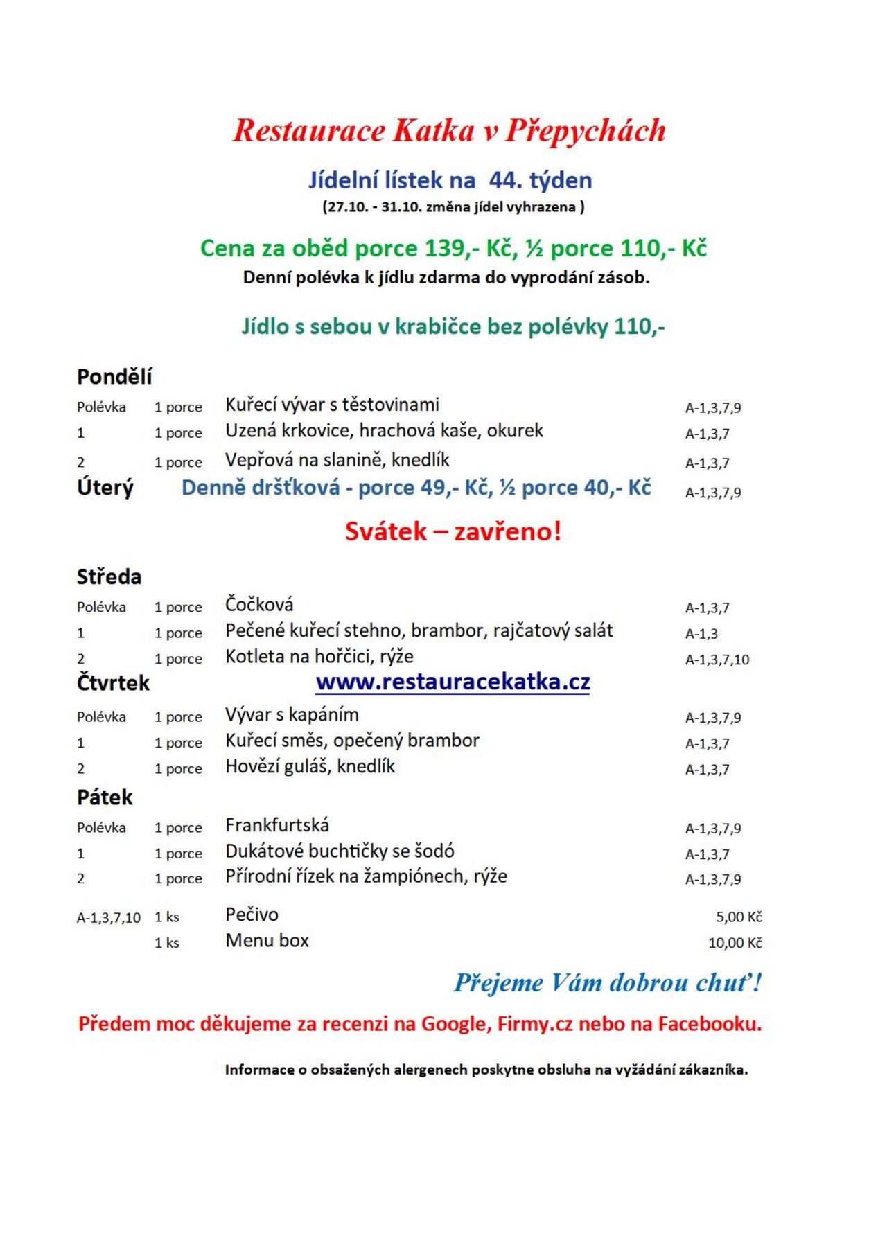 Jídelní lístek na 44. týden 2025