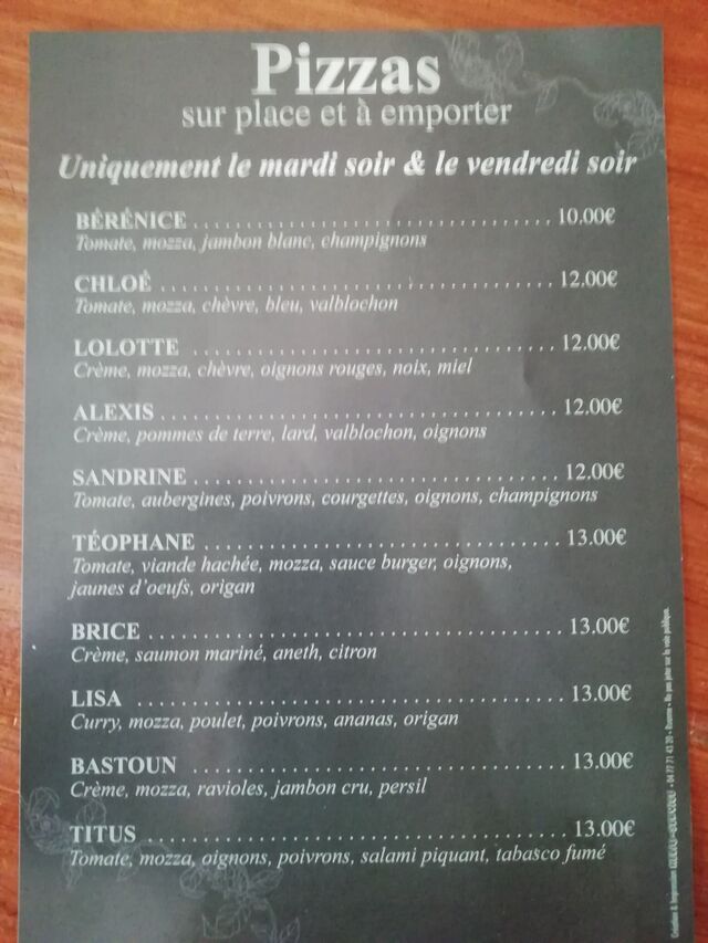 carte des pizzas
sur place ou à emporter uniquement le mardi soir et le vendredi soir