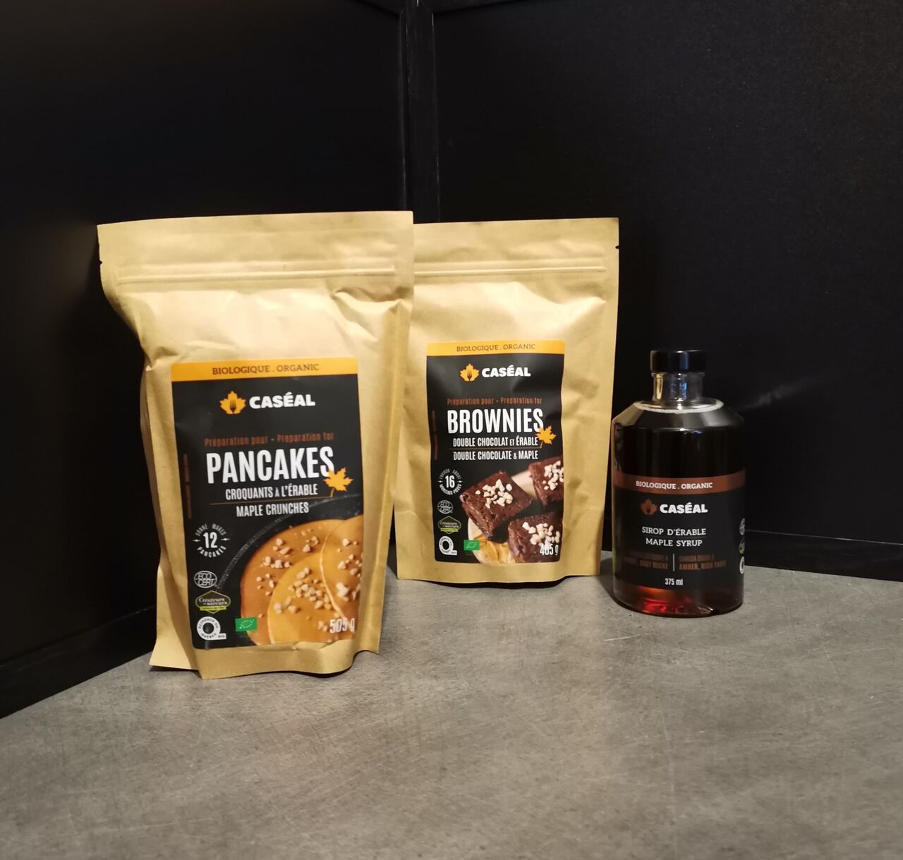 préparation pour brownie=13.90€ / préparation pour pancakes=13.90€ / sirop d'érable 375ml=19.90€