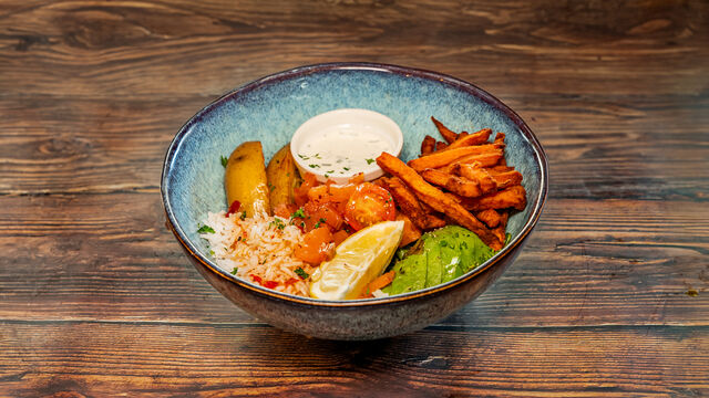 Bowl d'Hiver au Saumon Gravlax, avocat, patate douce, pommes grenailles, riz & crème de ciboulette