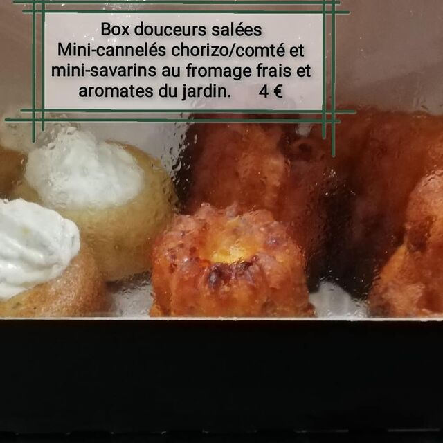 Box douceurs salées du 15 juin 2021
Cannelés au chorizo/comté et savarin au fromage frais et aromates du jardin 