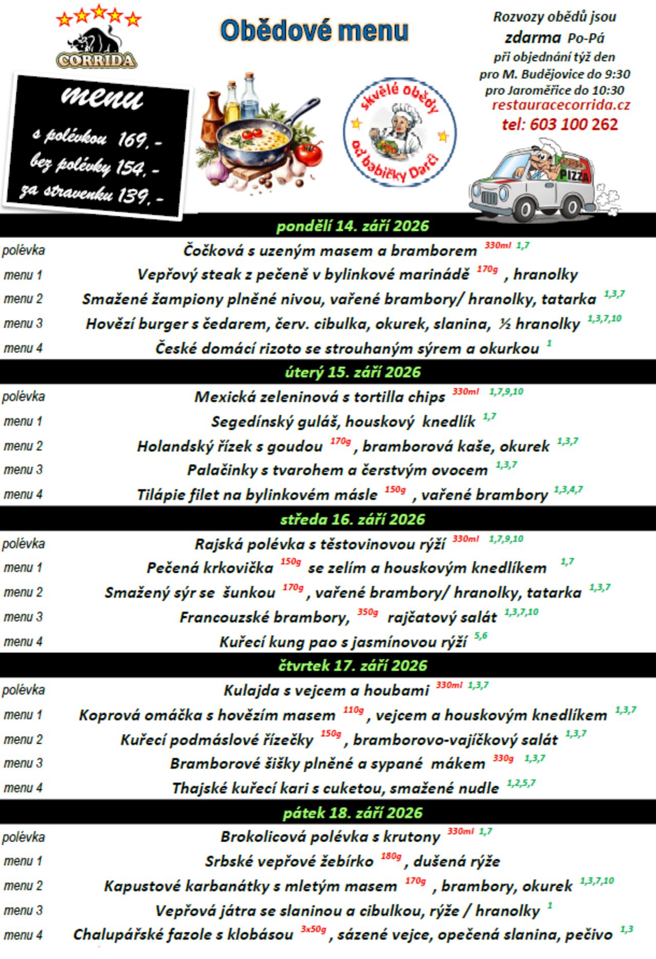 Týdenní menu od pondělí 14. do pátku 18.září
