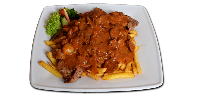 Ördögpecsenye / Grilled pork slice, with chicken liver in ratatouille)