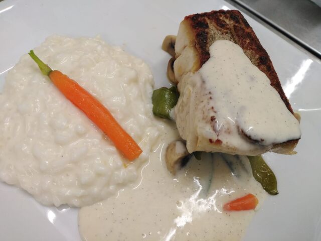 Filet de Lieu Jaune / Sauce à la Vanille / Risotto crémeux
