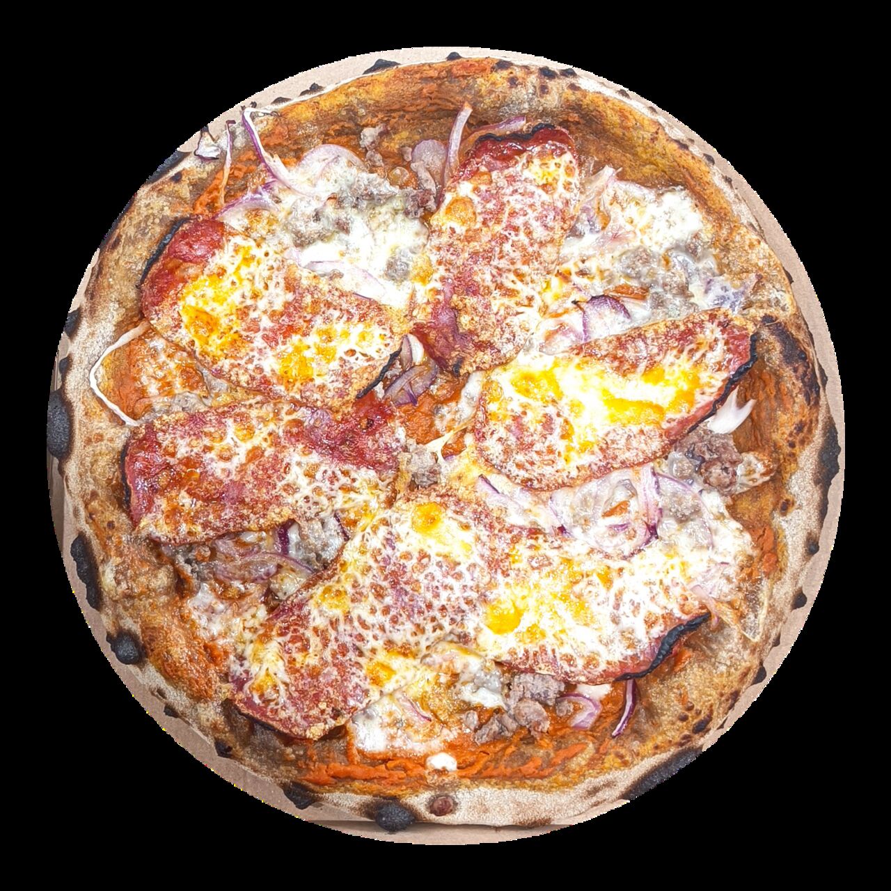 Mars La Bolognese Piccante - base Bolognaise maison, mozza FDL, oignons rouges, viande de bœuf hachée, spianata, provolone