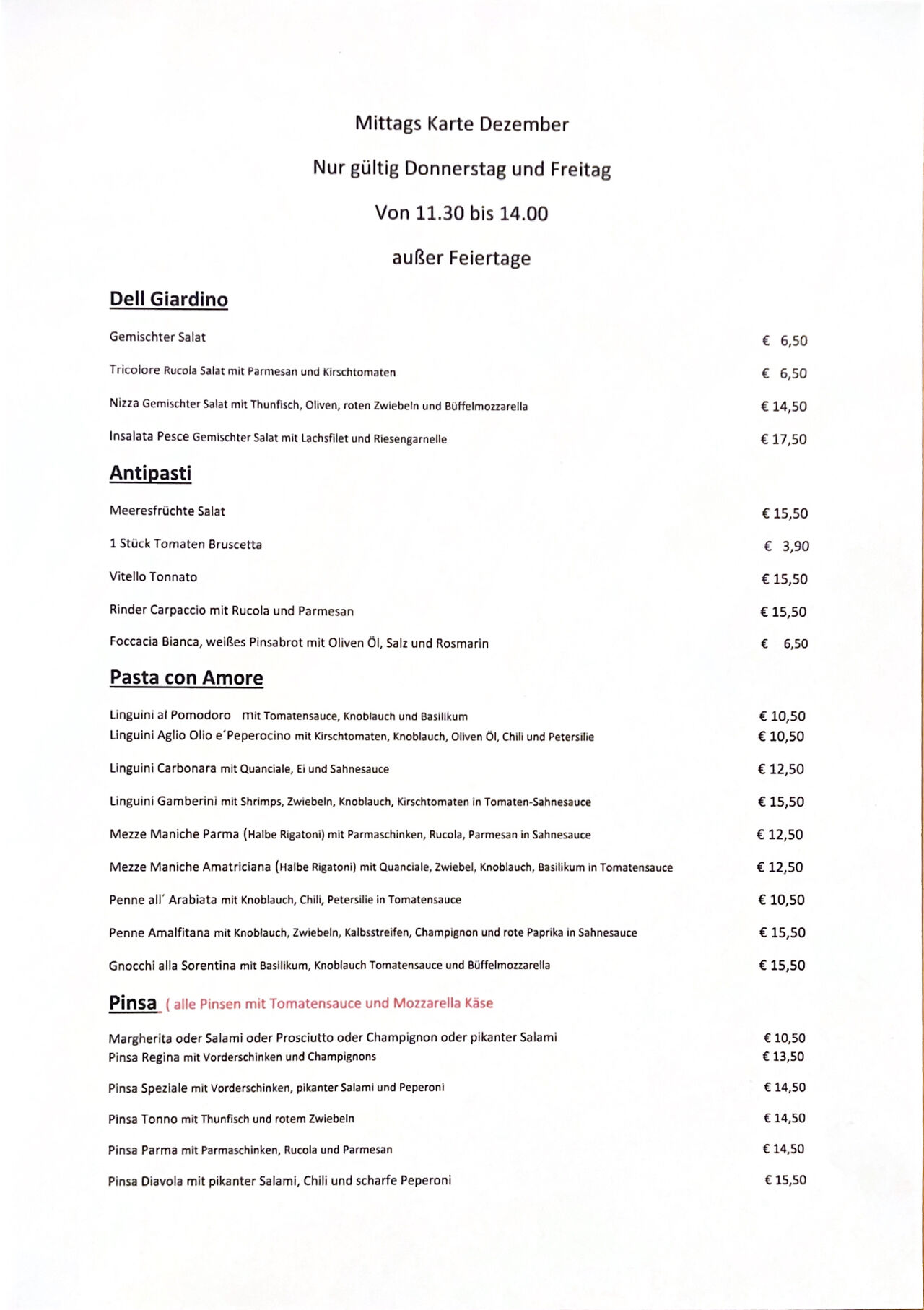 Mittags-Karte Dezember
