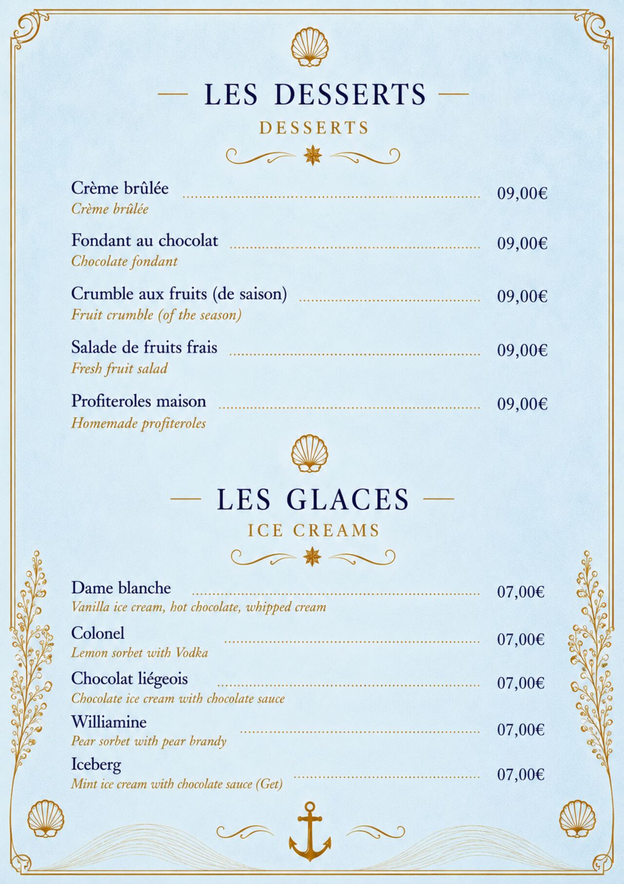 Nos desserts et nos glaces