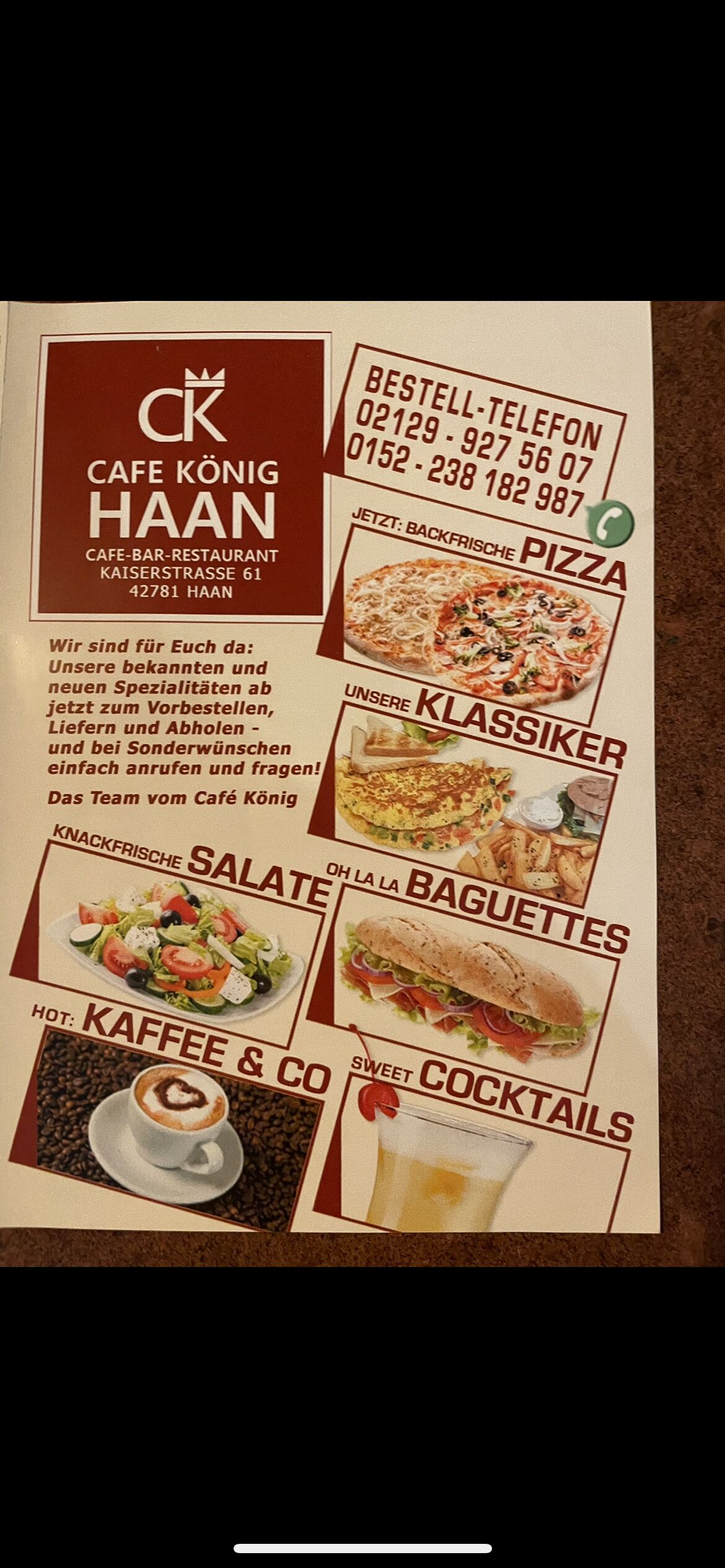 Lieferung Frei Haus ab 15,00 Euro
Von 17:00 bis 22:00
Außer Donnerstags