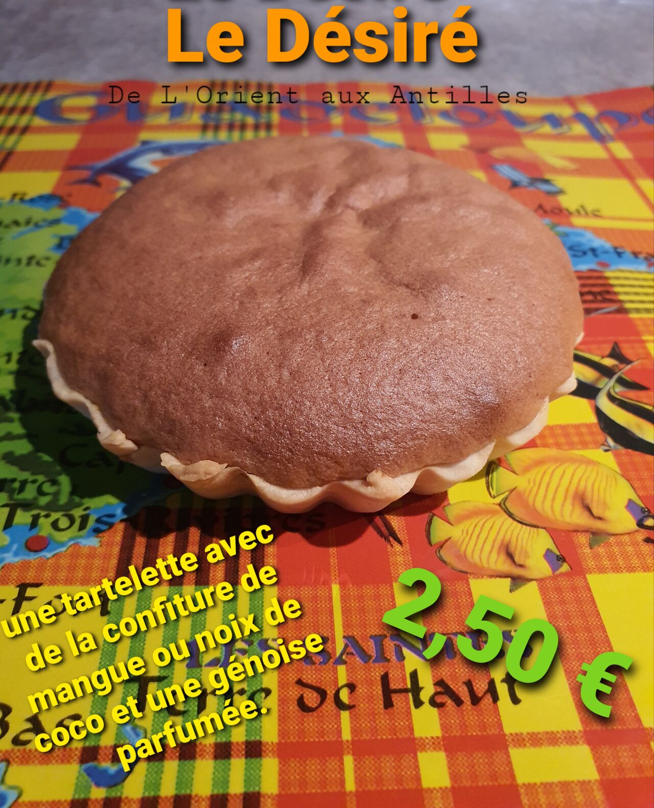 Tarte recouverte d'une confiture de mangue ou noix de coco et recouverte d'une génoise parfumée 