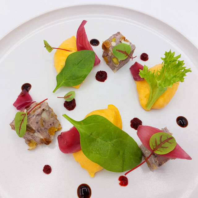 Nougat de canard mariné au Manicle rouge, mousse butternut