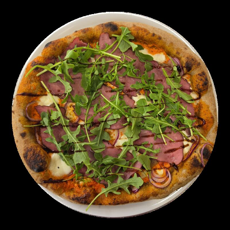 Juin La Braciata - crème poivrons rouges, aubergines, bufala et pastrami