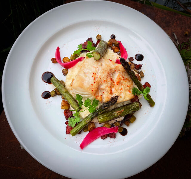 Dos de lieu noir, risotto & huile de truffe, asperges