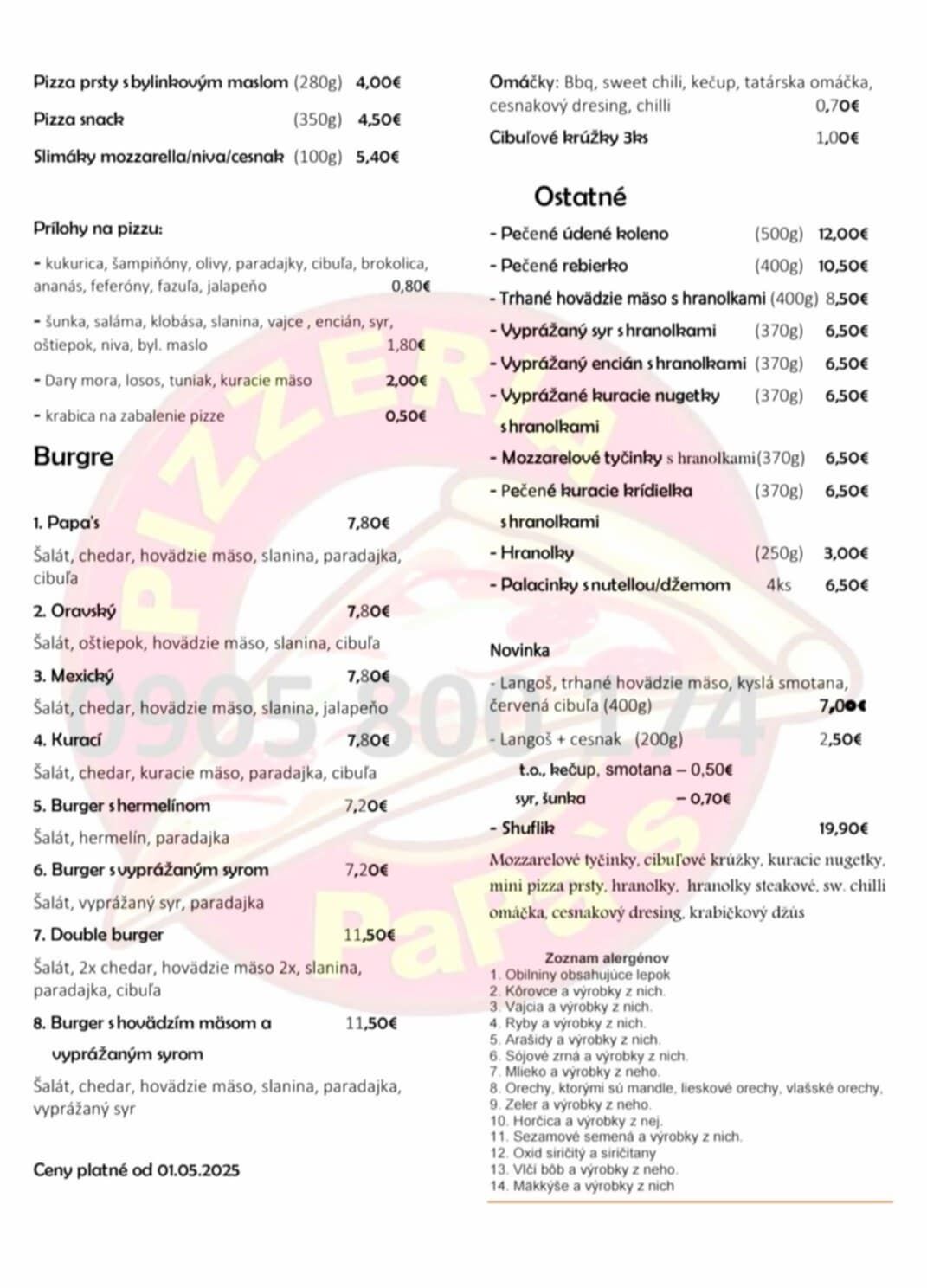 Ponukový lístok na burgre a ostatné jedlá