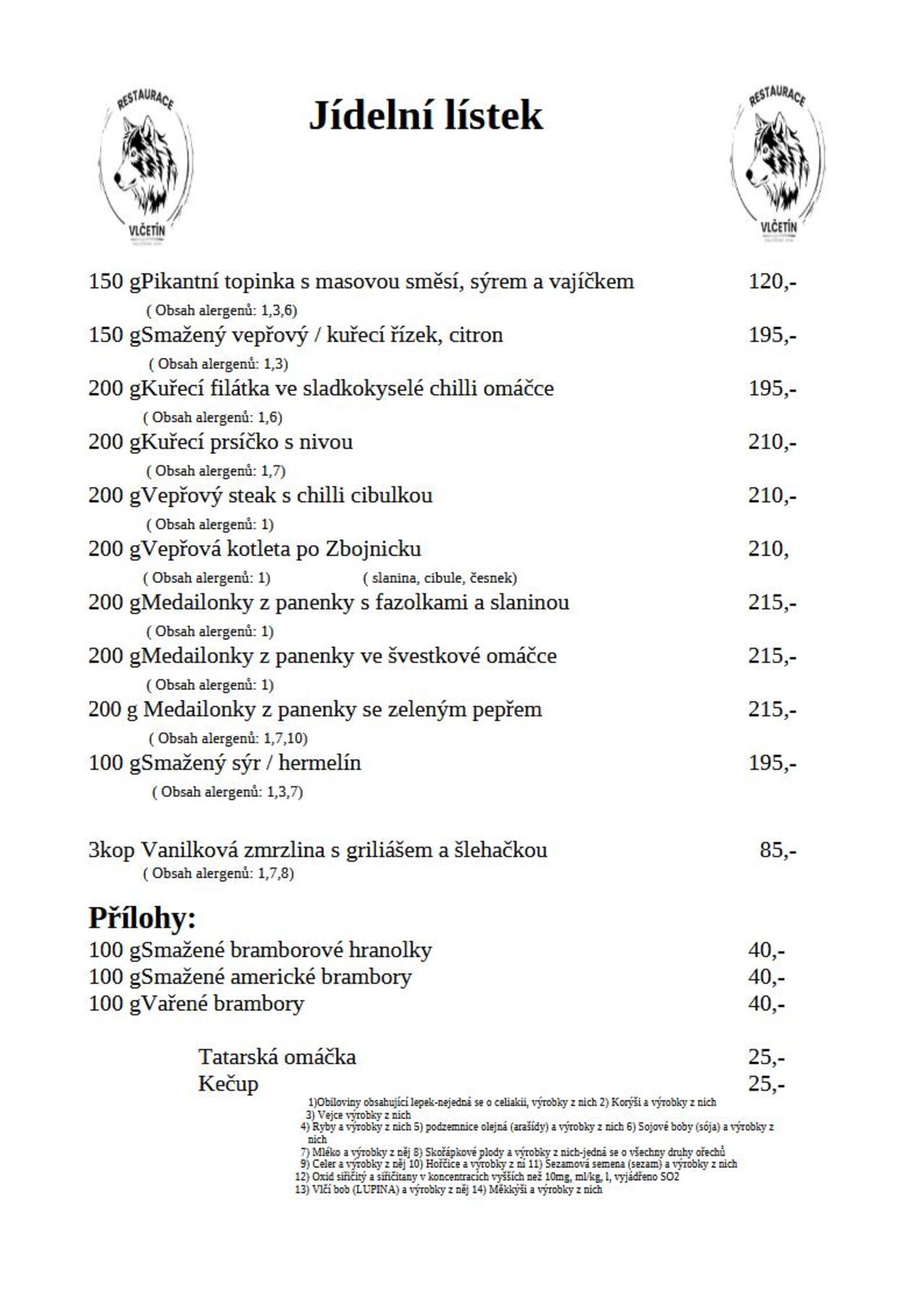 Večerní jídelní lístek