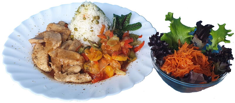 Hähnchenbrustfilet mit Reis und Salat