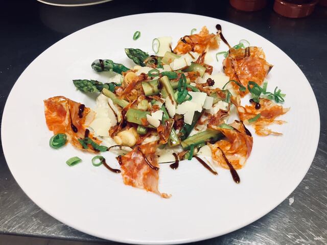 Risotto asperges vertes, spianata picante, champignons, parmesan