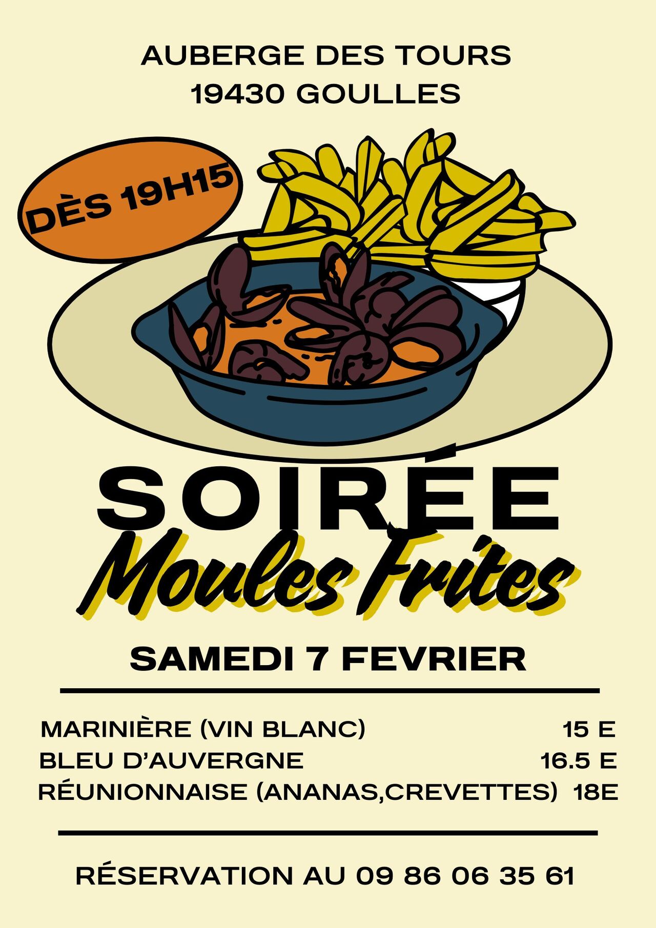 Soirée Moules Frites le 7 Février 2026 à 19h15