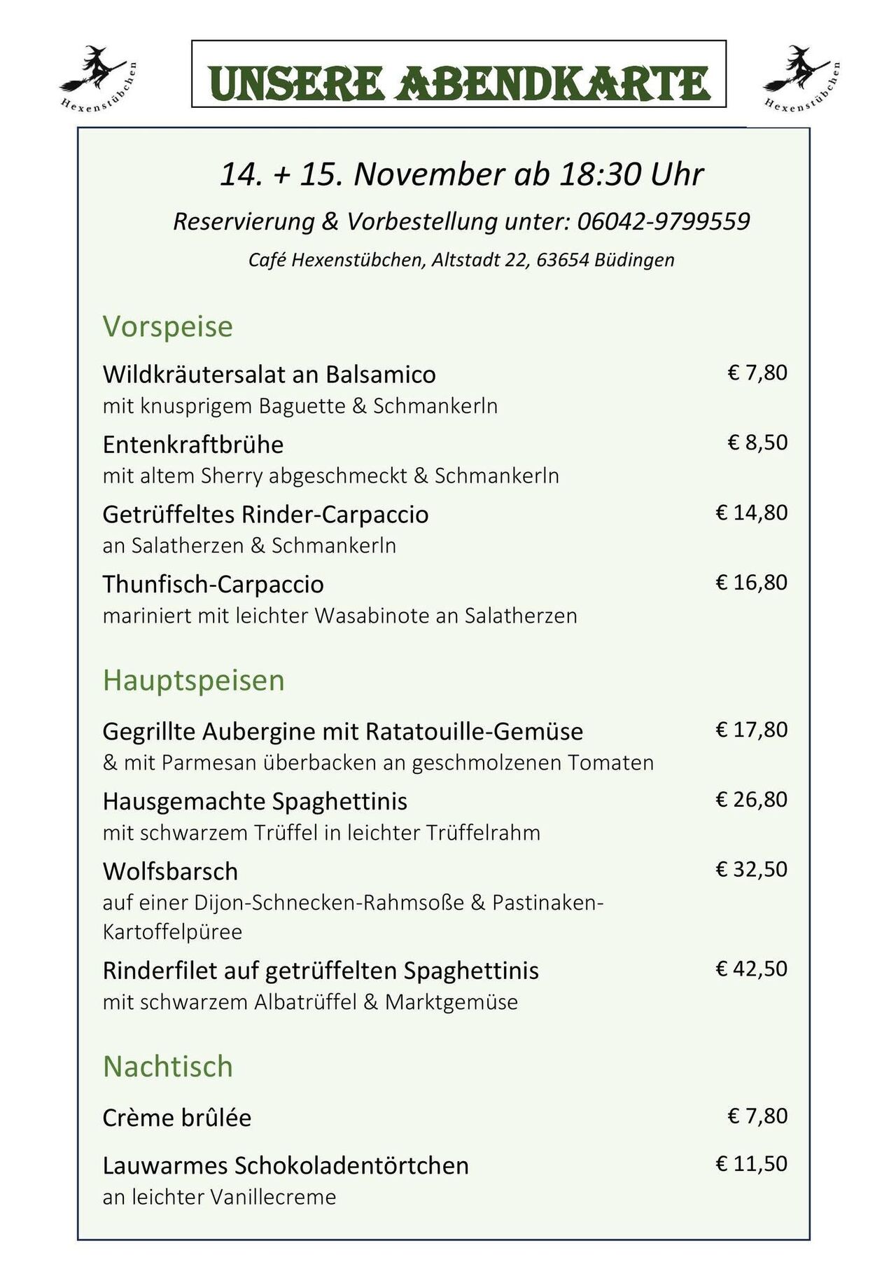 Abendkarte 14.11 & 15.11