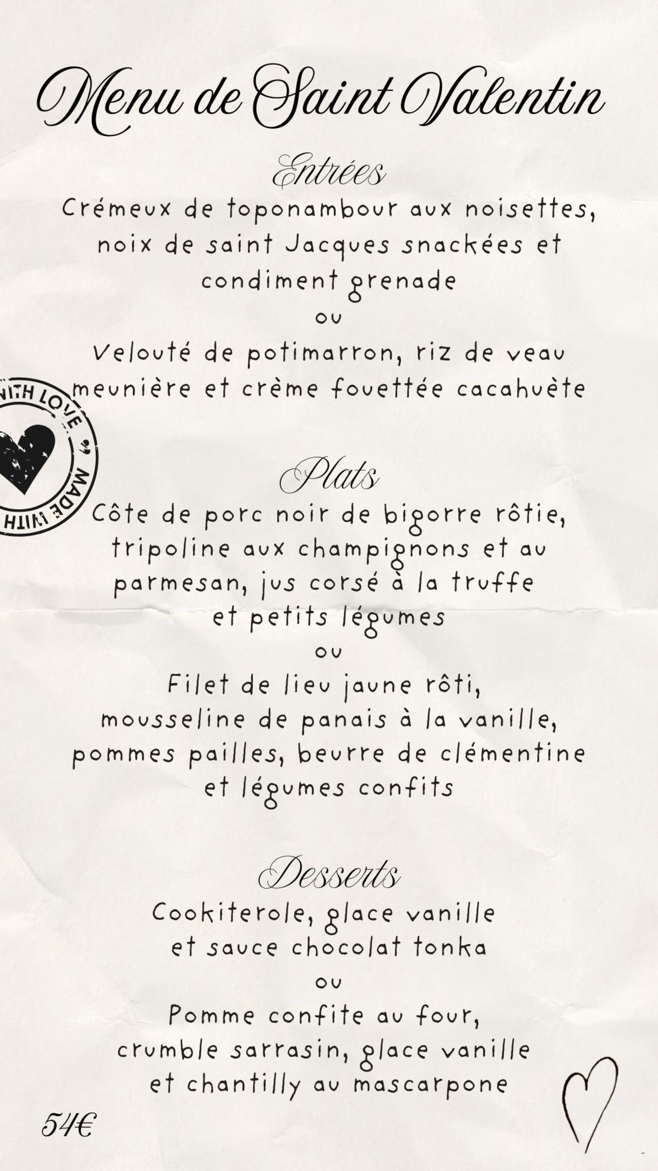Menu spécial saint Valentin
