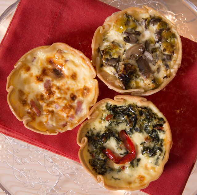 Quiches de jamón York y queso, de verdura y de puerros con champiñones