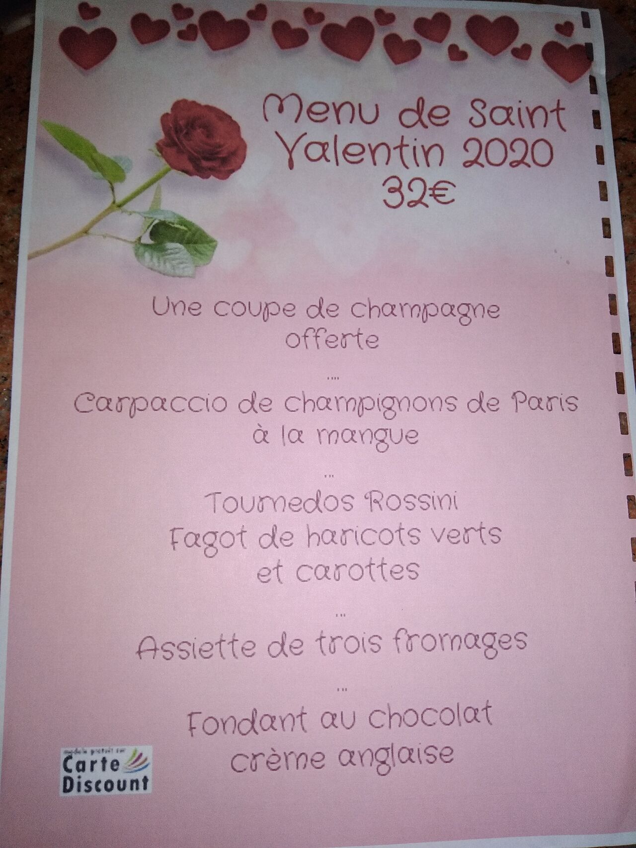 Menu de la St. Valentin, sur réservation au 04.75.51.38.85 ou au 06.16.30.15.42.