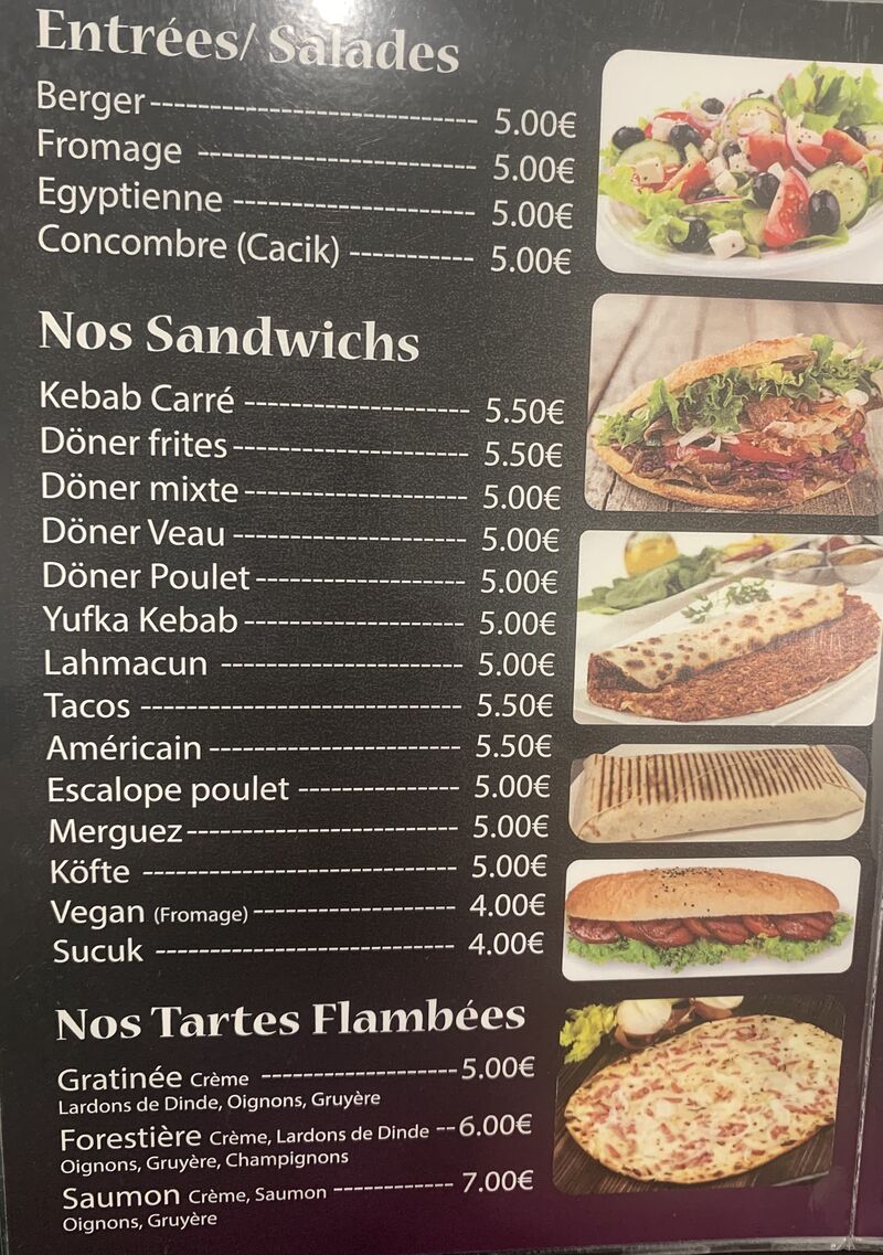 Le prix affiché est valable pour la vente à emporter pour les livraisons des frais de 1€ sont appliqués sur chaque produits