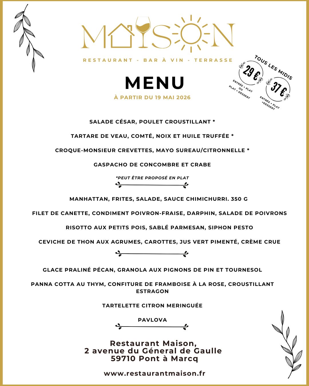 Détail Menu du midi à partir du 19 mai