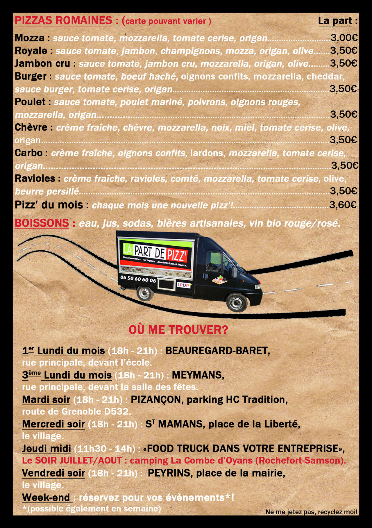 Carte des pizzas et emplacements