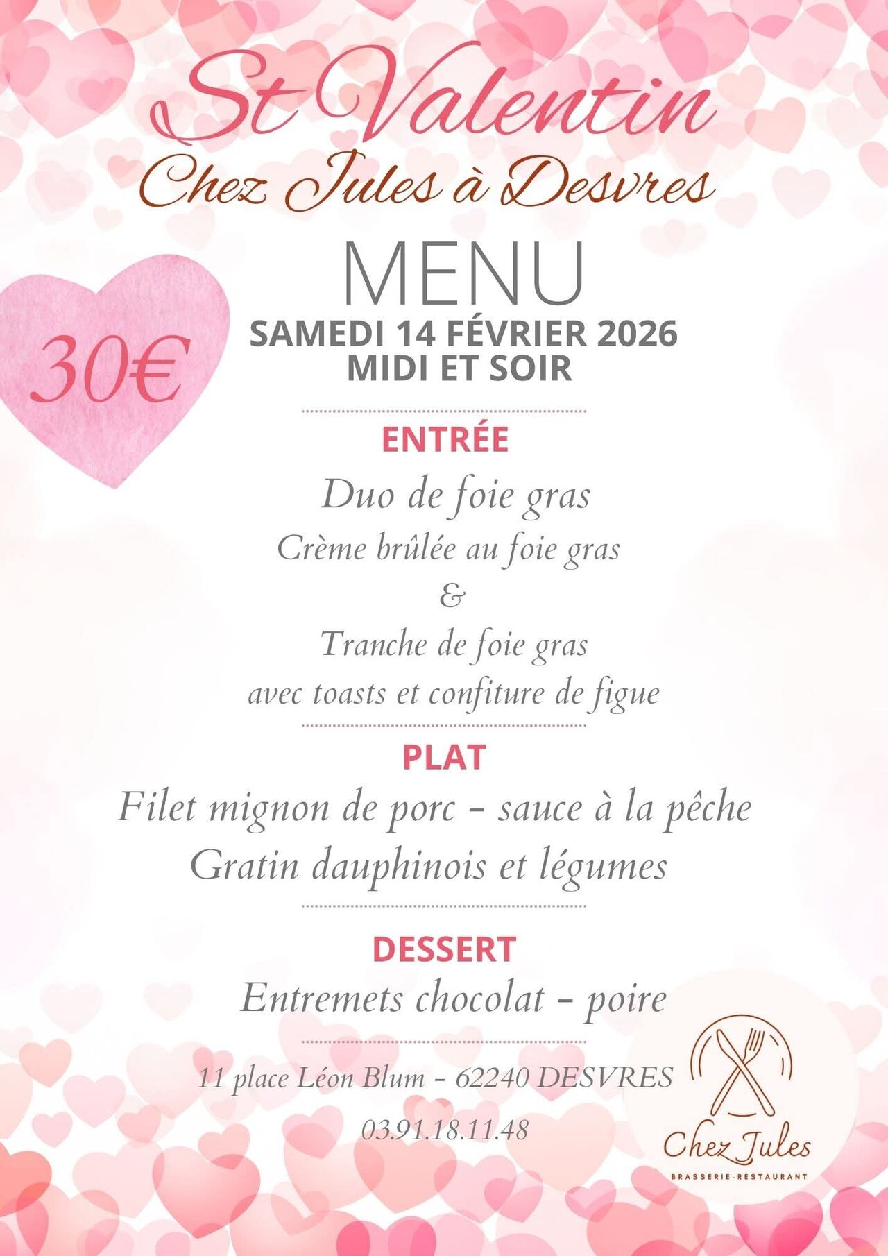 Menu spécial st valentin