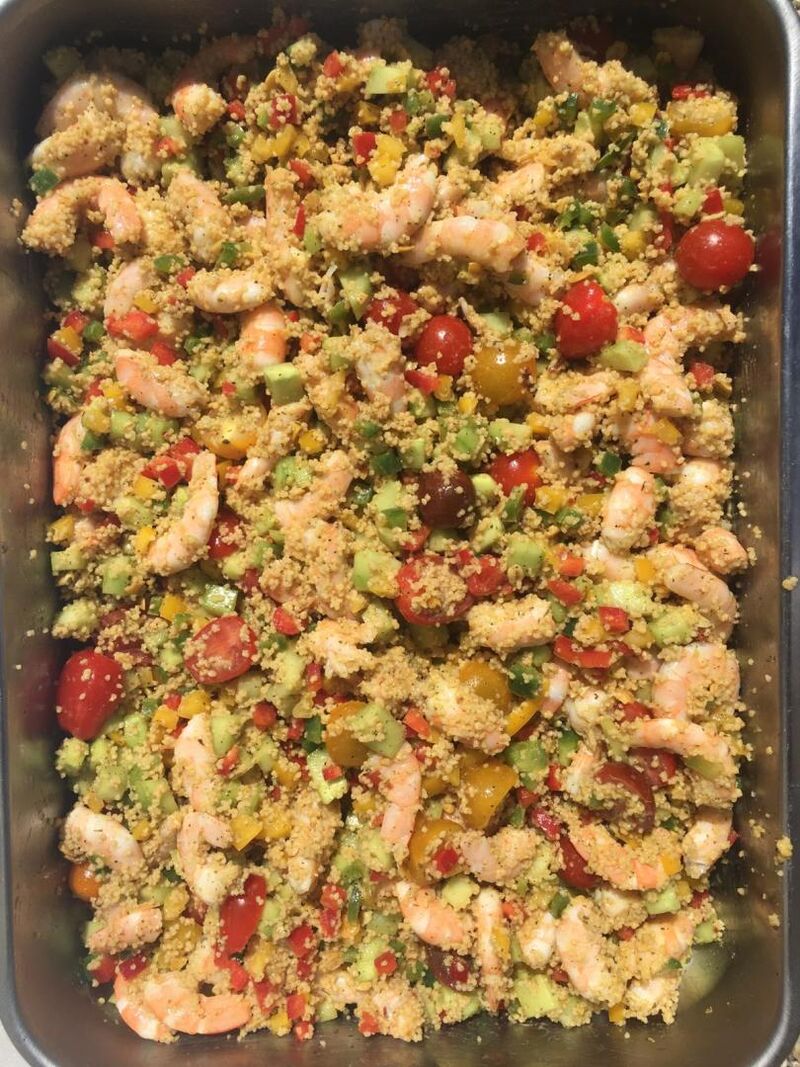 Notre célèbre généreux taboulé aux crevettes. Toujours fait 