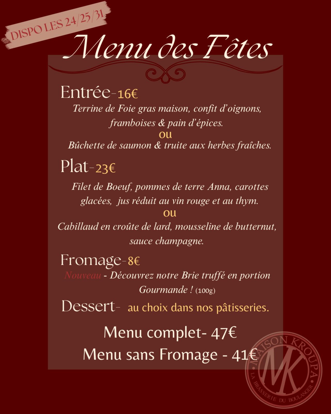 Menu des fêtes 2025